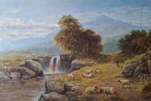 Charles Hancock (Pittore inglese 1800 – 1877) Paesaggio con cascata e pecorelle.