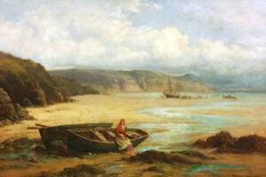 William Joseph King (Pittore inglese 1857 - 1945). Marina con figure. Titolo dell’opera “Low Tide”.