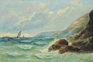 William Richards (Pittore inglese XIX secolo). Marina con barche a vela e nave a vapore.